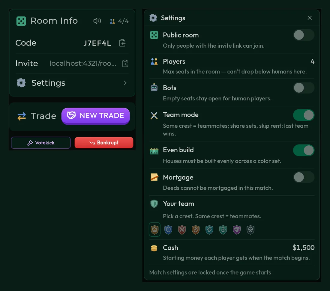 Room Info panel with room code, invite link and Settings entry above the compact New Trade button, next to the read-only mid-game settings overlay.