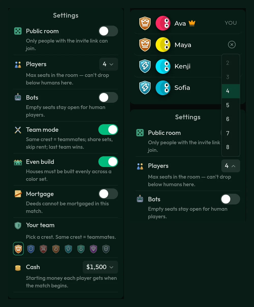 Two views of the lobby settings: the full list with Team mode on and the crest picker showing, and the Players dropdown open with options 2 through 8.