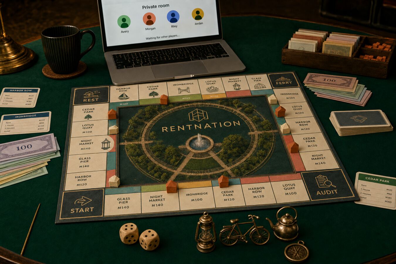 Overhead view of an original property-trading board on a dark green table, with dice, wooden houses, deed cards, and a laptop showing a private-room lobby in a browser.